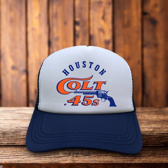 Defunct Houston Colt 45s Mens Trucker Hat Navy Snapback Vintage Logo Ball Cap - Picture 1 of 4